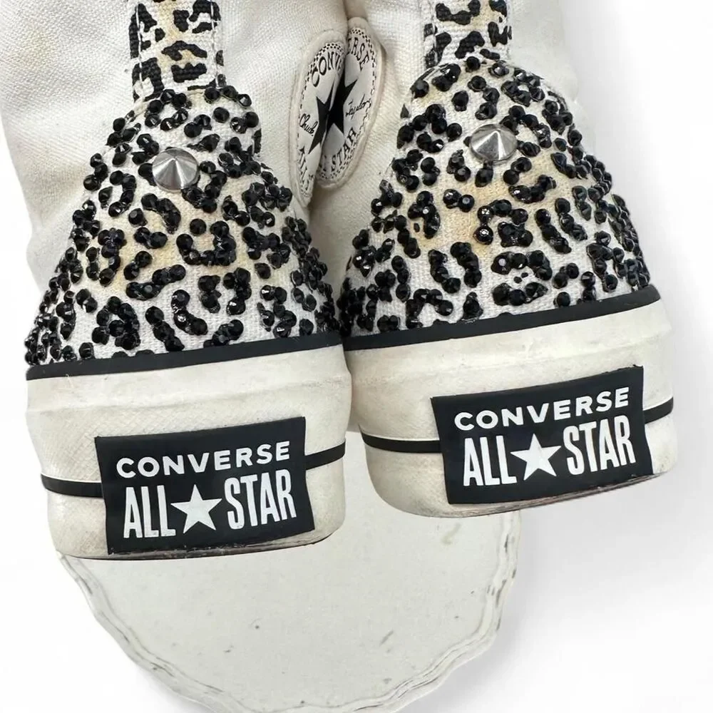 Embellished White Platform High Top Canvas Sneakers Cheetah Print Rhinestone Gem